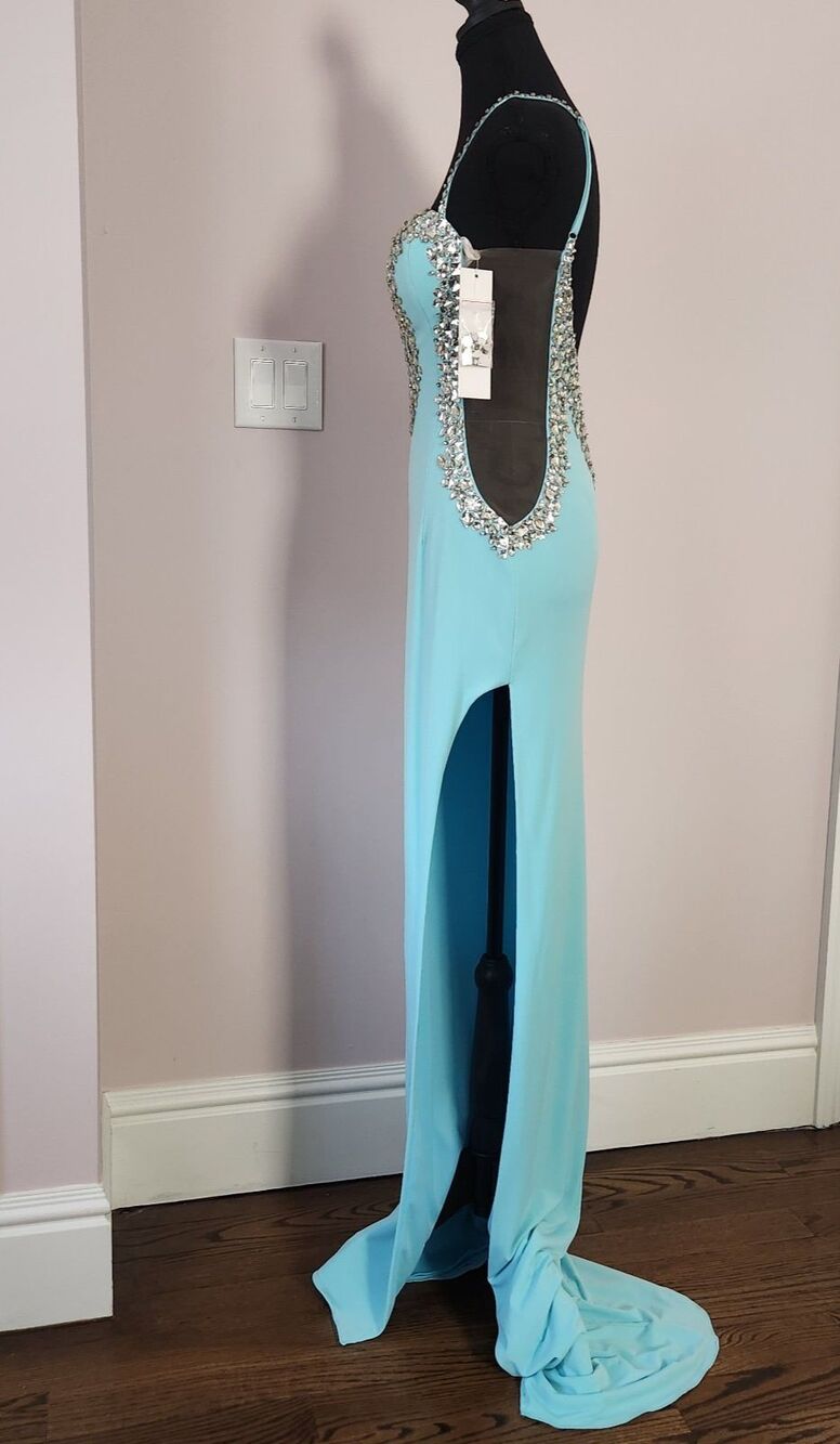 NWT-Jovani Couture Beaded Plunge Gown Tiffany Blue Slit Dress-Size 4 - Picture 16 of 16